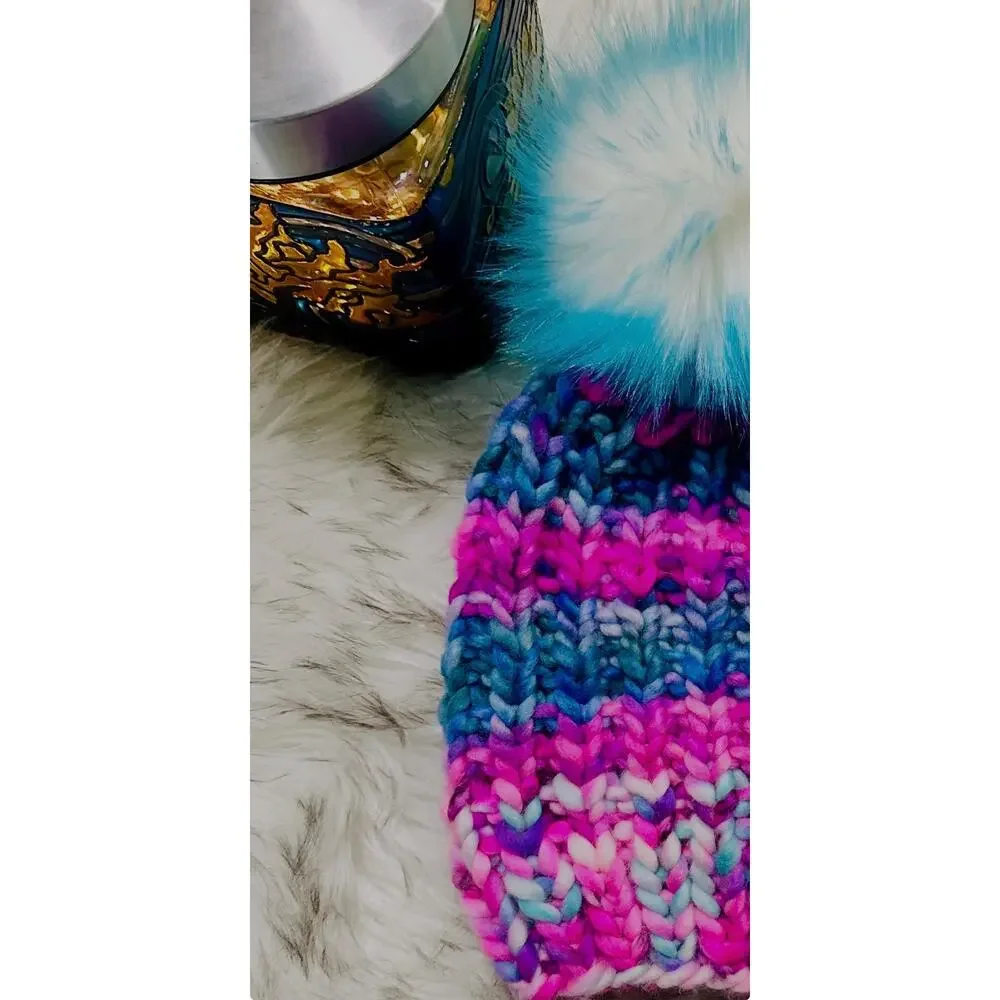 Hand Knit Scrappy Merino Wool Beanie: DefiKnitly Tasteful Knit Hat with Faux Fur